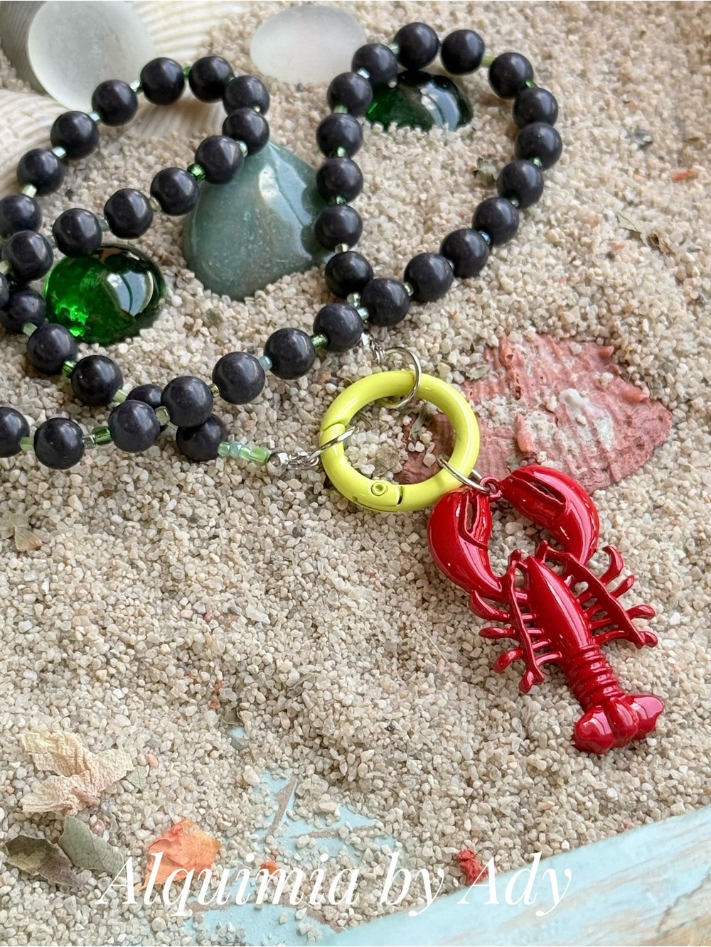 Red Lobster Pendant Necklace with lapis lazuli Beads and Yellow Accent